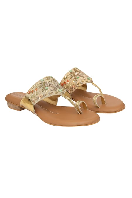 Kkarma Accessories Gold Embroidery Mor Kolhapuri Sandals