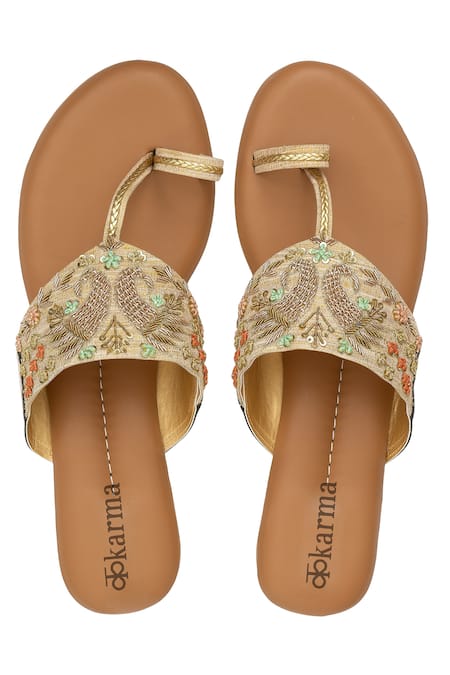 Shop Kkarma Accessories Gold Embroidery Mor Kolhapuri Sandals at Aza Fashions Shop_Kkarma Accessories_Gold Embroidery Mor Kolhapuri Sandals _at_Aza_Fashions