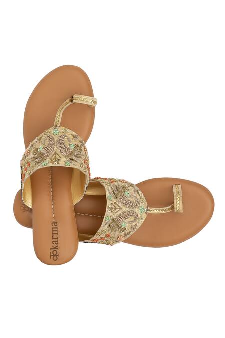 Kkarma Accessories Gold Embroidery Mor Kolhapuri Sandals Online at Aza Fashions Kkarma Accessories_Gold Embroidery Mor Kolhapuri Sandals _Online_at_Aza_Fashions