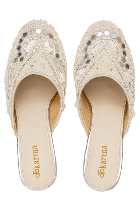 Shop Kkarma Accessories White Beads, Mirrors Qatra Heel Mules at Aza Fashions Shop_Kkarma Accessories_White Beads, Mirrors Qatra Heel Mules _at_Aza_Fashions