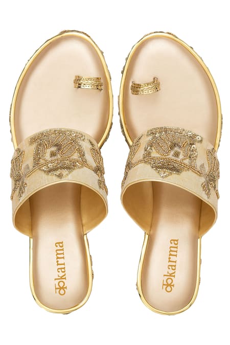 Shop Kkarma Accessories Gold Embroidery Dolki Wedges at Aza Fashions Shop_Kkarma Accessories_Gold Embroidery Dolki Wedges _at_Aza_Fashions