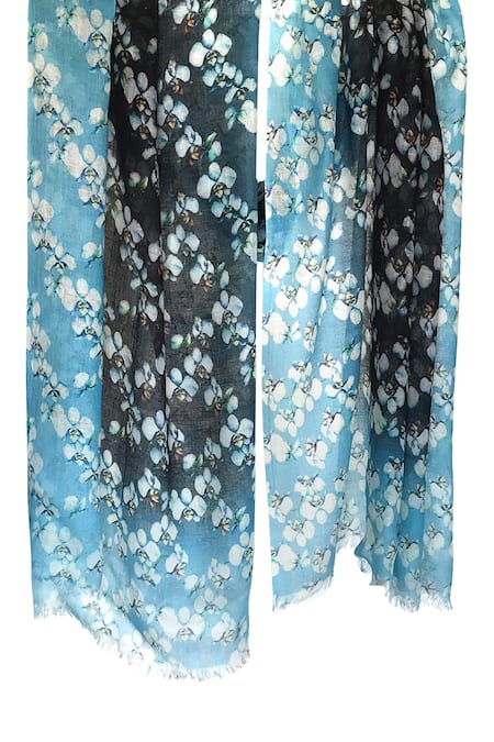 Shop Pashma Black Silk Cashmere Floral Print Scarf at Aza Fashions Shop_Pashma_Black Silk Cashmere Floral Print Scarf _at_Aza_Fashions