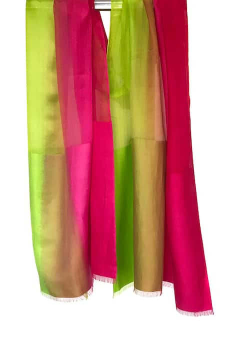 Shop Pashma Pink Colorblock Frayed Scarf at Aza Fashions Shop_Pashma_Pink Colorblock Frayed Scarf _at_Aza_Fashions