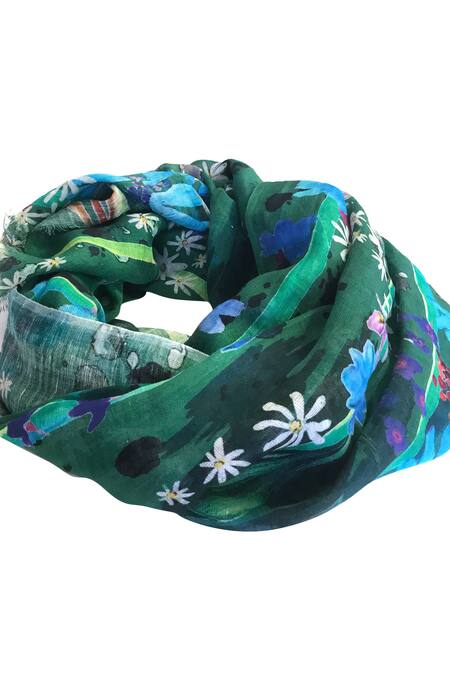Pashma_Green Linen Silk Cashmere Scarf _Online_at_Aza_Fashions