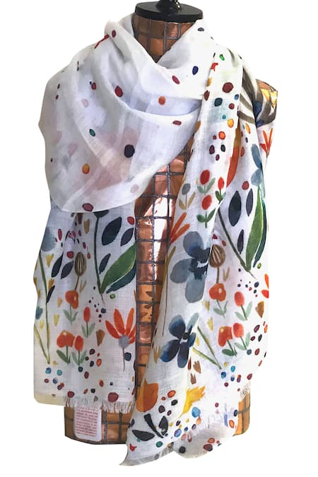 Pashma White Cashmere Floral Print Scarf 