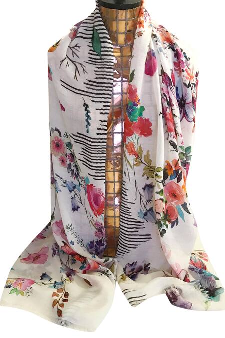 Pashma White Cashmere Floral Print Scarf 