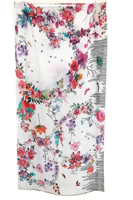 Shop Pashma White Cashmere Floral Print Scarf at Aza Fashions Shop_Pashma_White Cashmere Floral Print Scarf _at_Aza_Fashions