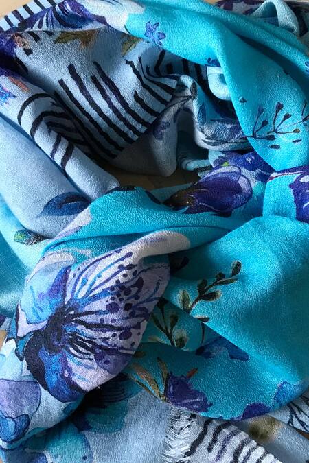 Buy Blue Printed Silk Cashmere Floral Scarf by Pashma Online at