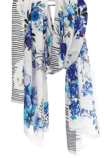 Shop Pashma White Silk Cashmere Floral Print Scarf at Aza Fashions Shop_Pashma_White Silk Cashmere Floral Print Scarf _at_Aza_Fashions