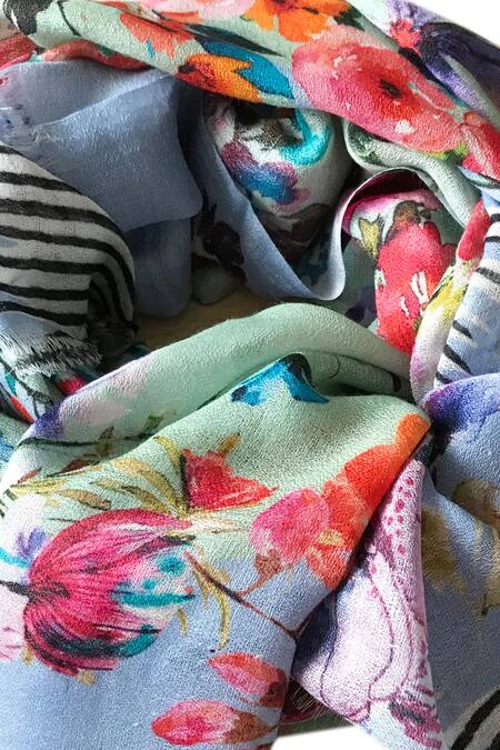 Pashma_Green Cashmere Floral Print Scarf _Online_at_Aza_Fashions