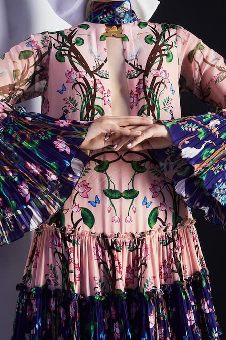 Limerick By Abirr N' Nanki_Blue Luxe Crepe High Neck Collar Tiered Floral Print Dress_Online_at_Aza_Fashions