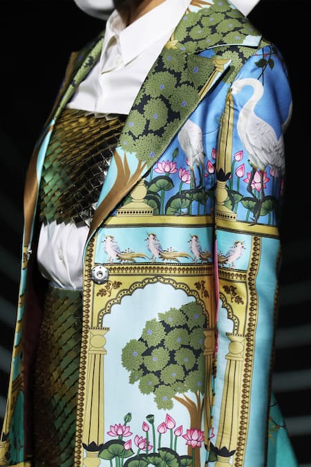 Limerick by Abirr N' Nanki_Multi Color Lapel Printed Satin Jacket _at_Aza_Fashions