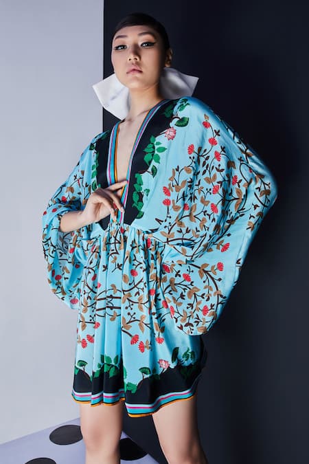 Shop Limerick By Abirr N' Nanki Blue Crepe V Neck Printed Kaftan Dress at Aza Fashions Shop_Limerick By Abirr N' Nanki_Blue Crepe V Neck Printed Kaftan Dress_at_Aza_Fashions