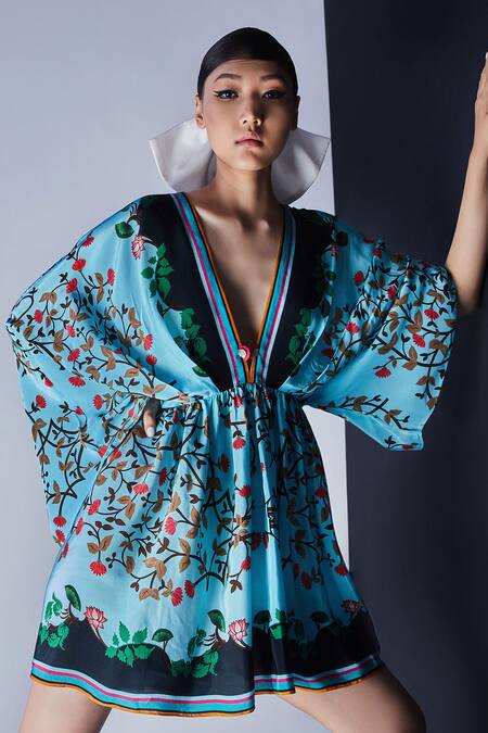 Limerick By Abirr N' Nanki Blue Crepe V Neck Printed Kaftan Dress Online at Aza Fashions Limerick By Abirr N' Nanki_Blue Crepe V Neck Printed Kaftan Dress_Online_at_Aza_Fashions