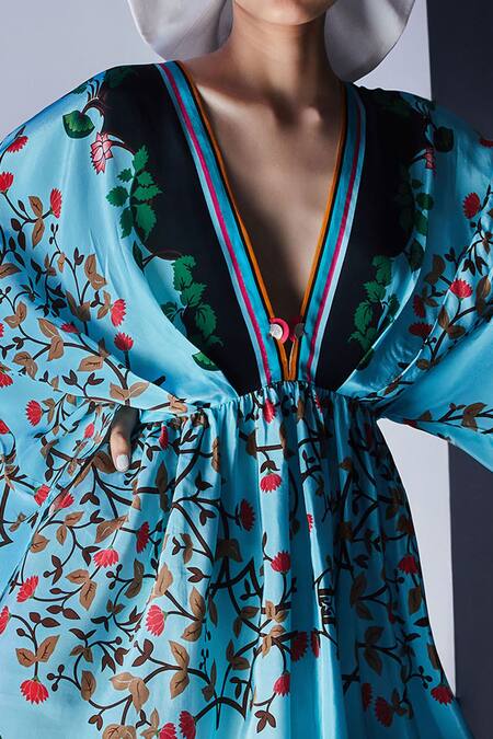 Buy Limerick By Abirr N' Nanki Blue Crepe V Neck Printed Kaftan Dress Online at Aza Fashions Buy_Limerick By Abirr N' Nanki_Blue Crepe V Neck Printed Kaftan Dress_Online_at_Aza_Fashions