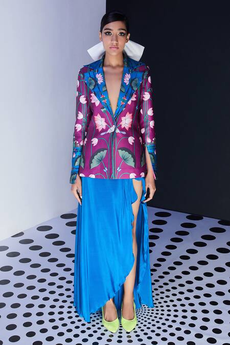 Limerick By Abirr N' Nanki_Purple Lapel Floral Print Jacket _Online_at_Aza_Fashions