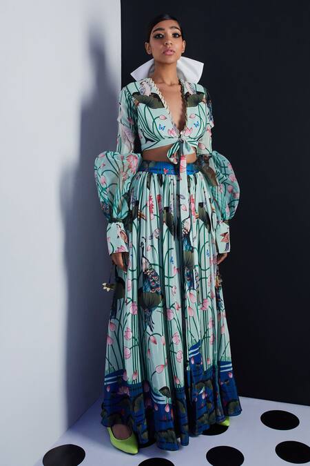 Shop_Limerick By Abirr N' Nanki_Green Crepe V Neck Tie-up Crop Top_Online_at_Aza_Fashions