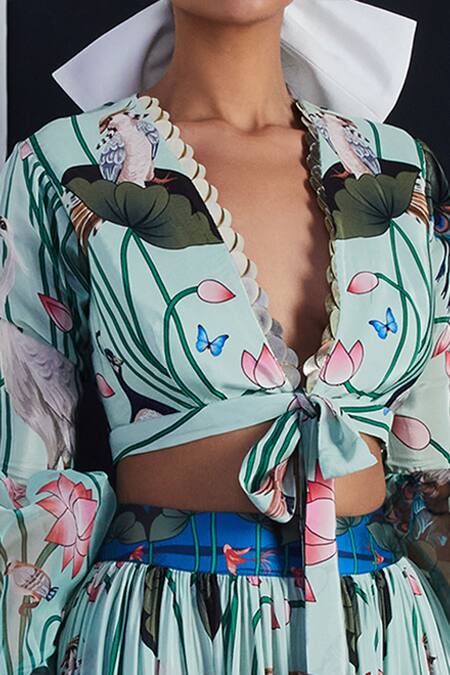 Limerick By Abirr N' Nanki_Green Crepe V Neck Tie-up Crop Top_at_Aza_Fashions