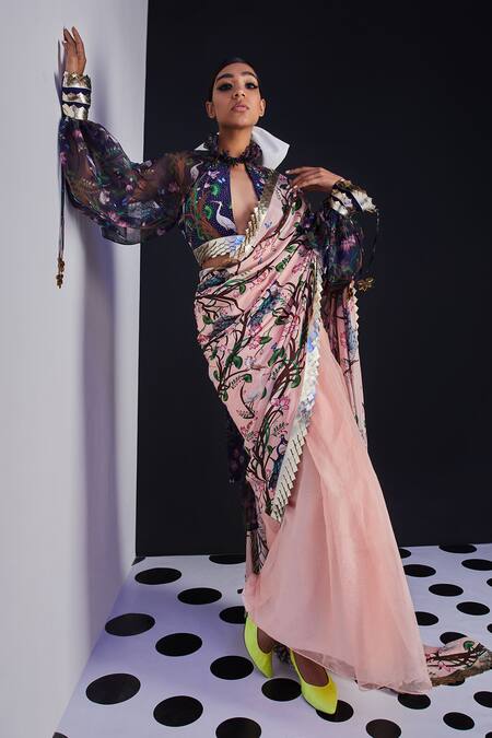 Limerick By Abirr N' Nanki Blue Organza, Crepe Round Printed Cutout Blouse Online at Aza Fashions Limerick By Abirr N' Nanki_Blue Organza, Crepe Round Printed Cutout Blouse _Online_at_Aza_Fashions