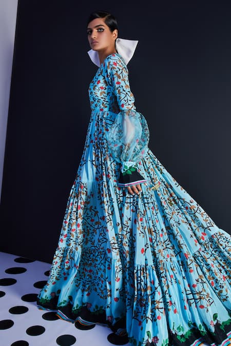 Shop_Limerick By Abirr N' Nanki_Blue Organza, Crepe V Neck Tiered Floral Print Dress _at_Aza_Fashions