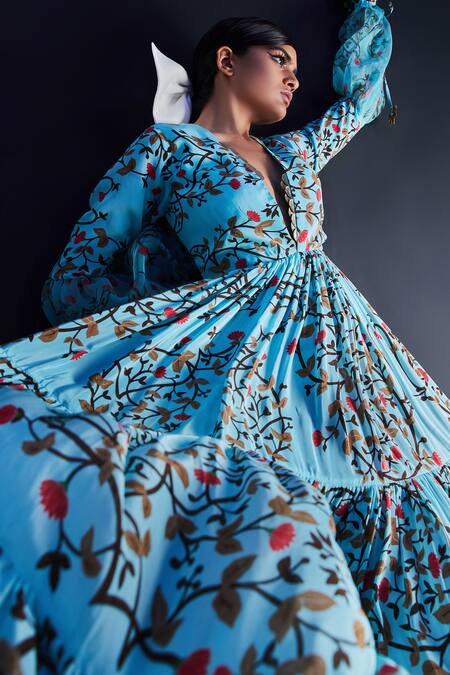 Limerick By Abirr N' Nanki_Blue Organza, Crepe V Neck Tiered Floral Print Dress _Online_at_Aza_Fashions
