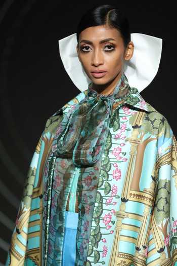 Limerick By Abirr N' Nanki_Blue Organza Bow Neck Blouse_Online_at_Aza_Fashions