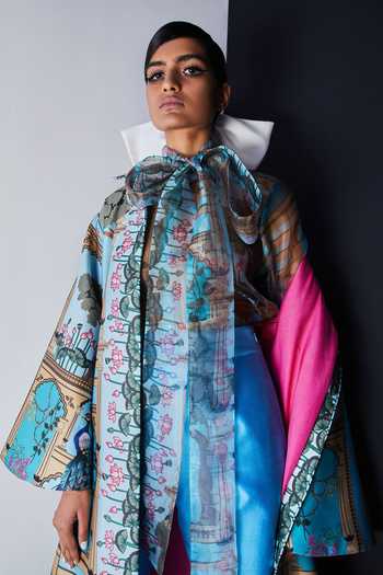 Shop Limerick By Abirr N' Nanki Blue Organza Bow Neck Blouse Online at Aza Fashions Shop_Limerick By Abirr N' Nanki_Blue Organza Bow Neck Blouse_Online_at_Aza_Fashions