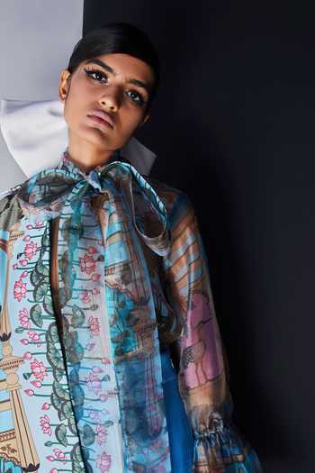 Limerick By Abirr N' Nanki Blue Organza Bow Neck Blouse at Aza Fashions Limerick By Abirr N' Nanki_Blue Organza Bow Neck Blouse_at_Aza_Fashions