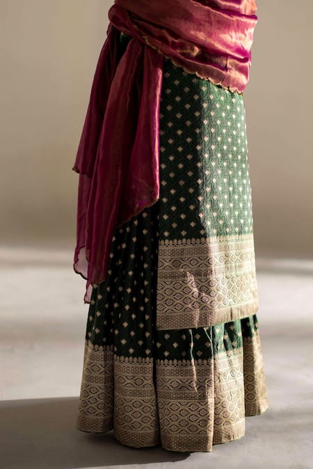 Shop_Mimamsaa_Green Pure Brocade Silk Woven Floral Round Aris Kurta Gharara Set  _Online_at_Aza_Fashions