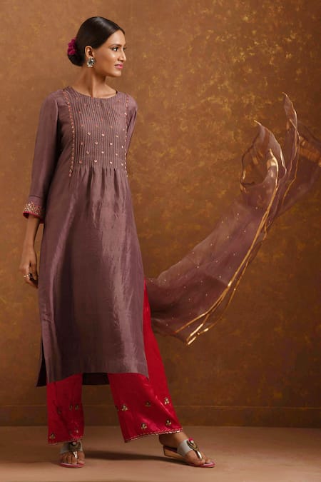 Priti Prashant_Brown Silk Organza, Handwoven Silk, Mashru Round Kurta Set _Online_at_Aza_Fashions