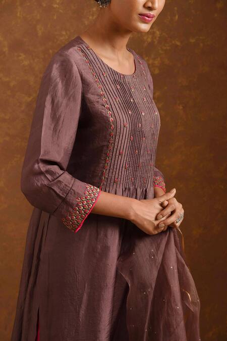Buy_Priti Prashant_Brown Silk Organza, Handwoven Silk, Mashru Round Kurta Set _Online_at_Aza_Fashions