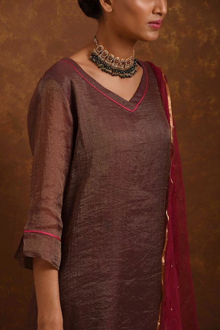 Shop_Priti Prashant_Maroon Silk Organza, Handwoven Tissue Stripes, Mashru V Neck Kurta Set _Online_at_Aza_Fashions