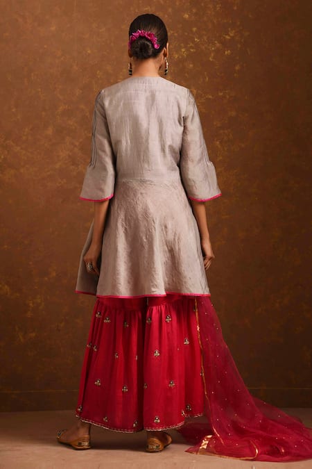 Shop Priti Prashant Grey Silk Organza, Handwoven Silk, Mashru Round Tunic Set at Aza Fashions Shop_Priti Prashant_Grey Silk Organza, Handwoven Silk, Mashru Round Tunic Set_at_Aza_Fashions