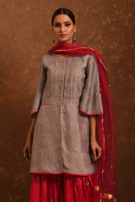 Buy Priti Prashant Grey Silk Organza, Handwoven Silk, Mashru Round Tunic Set Online at Aza Fashions Buy_Priti Prashant_Grey Silk Organza, Handwoven Silk, Mashru Round Tunic Set_Online_at_Aza_Fashions