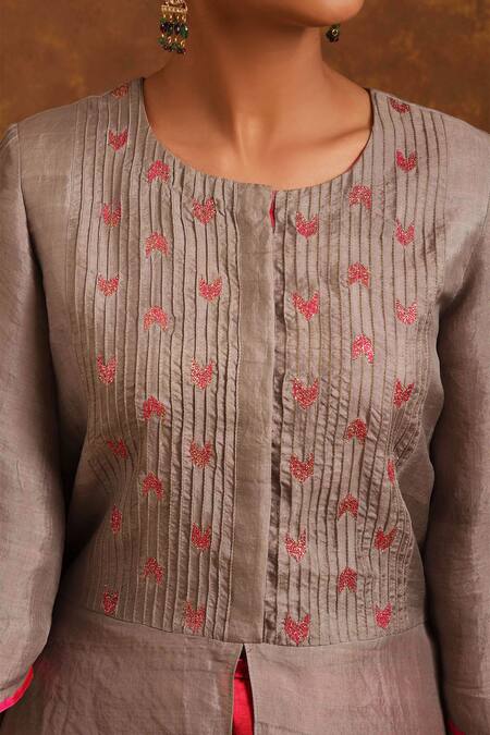 Shop Priti Prashant Grey Silk Organza, Handwoven Silk, Mashru Round Tunic Set Online at Aza Fashions Shop_Priti Prashant_Grey Silk Organza, Handwoven Silk, Mashru Round Tunic Set_Online_at_Aza_Fashions