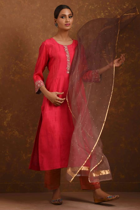 Priti Prashant_Red Silk Organza, Handwoven Tissue, Mashru Round Kurta Set_Online_at_Aza_Fashions