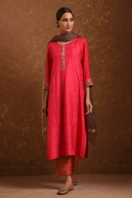 Buy_Priti Prashant_Red Silk Organza, Handwoven Tissue, Mashru Round Kurta Set_Online_at_Aza_Fashions