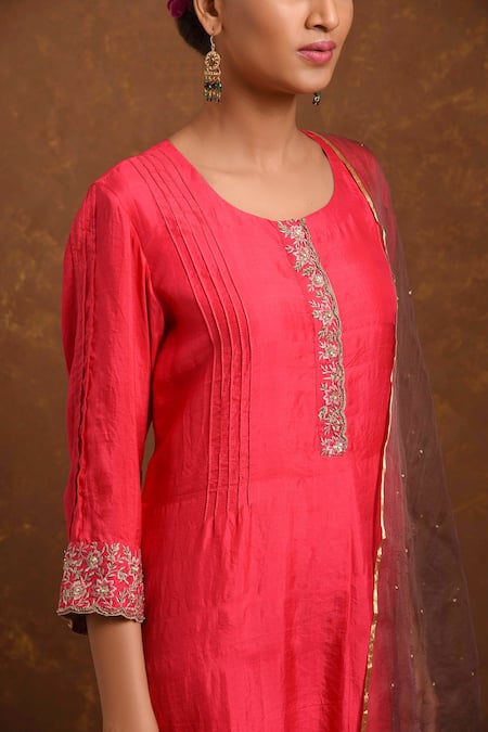 Shop_Priti Prashant_Red Silk Organza, Handwoven Tissue, Mashru Round Kurta Set_Online_at_Aza_Fashions