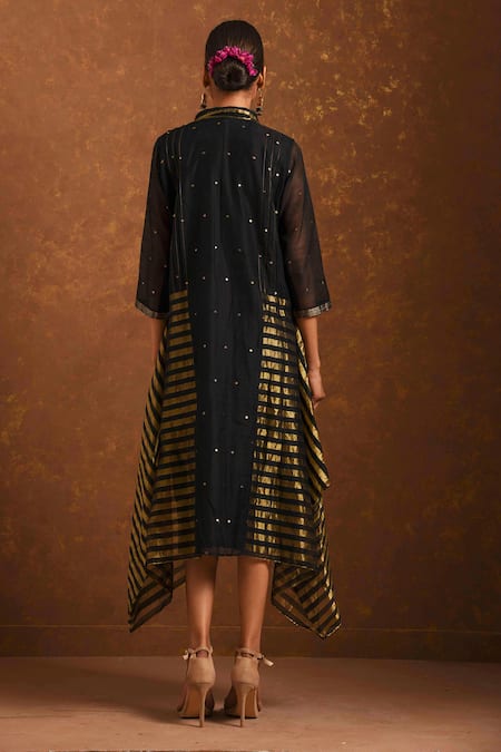 Shop Priti Prashant Black Handwoven Tissue Stripes, Chanderi Shirt Collar Asymmetric Dress at Aza Fashions Shop_Priti Prashant_Black Handwoven Tissue Stripes, Chanderi Shirt Collar Asymmetric Dress _at_Aza_Fashions