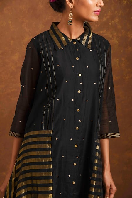 Priti Prashant Black Handwoven Tissue Stripes, Chanderi Shirt Collar Asymmetric Dress Online at Aza Fashions Priti Prashant_Black Handwoven Tissue Stripes, Chanderi Shirt Collar Asymmetric Dress _Online_at_Aza_Fashions
