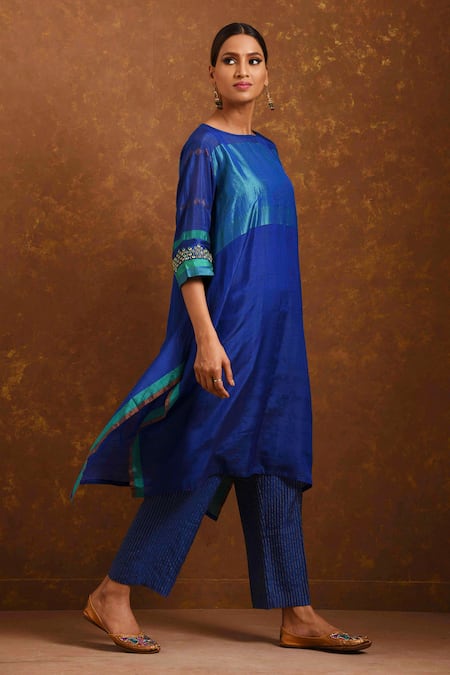 Priti Prashant_Blue Handwoven Silk, Tissue Stripes Round Kurta And Pant Set _Online_at_Aza_Fashions