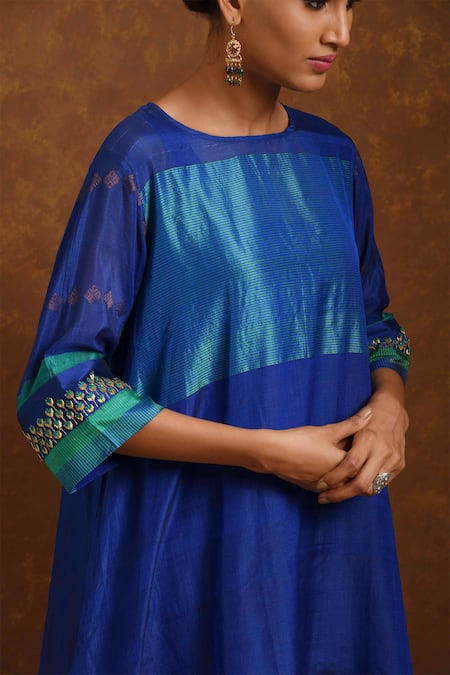 Buy_Priti Prashant_Blue Handwoven Silk, Tissue Stripes Round Kurta And Pant Set _Online_at_Aza_Fashions