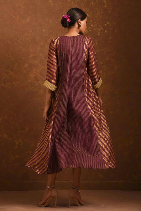 Shop Priti Prashant Maroon Handwoven Tissue Stripes, Chanderi Round Dress at Aza Fashions Shop_Priti Prashant_Maroon Handwoven Tissue Stripes, Chanderi Round Dress _at_Aza_Fashions