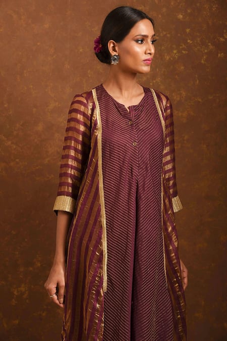 Priti Prashant Maroon Handwoven Tissue Stripes, Chanderi Round Dress Online at Aza Fashions Priti Prashant_Maroon Handwoven Tissue Stripes, Chanderi Round Dress _Online_at_Aza_Fashions