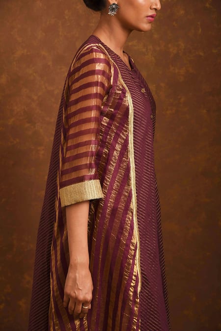 Buy Priti Prashant Maroon Handwoven Tissue Stripes, Chanderi Round Dress Online at Aza Fashions Buy_Priti Prashant_Maroon Handwoven Tissue Stripes, Chanderi Round Dress _Online_at_Aza_Fashions