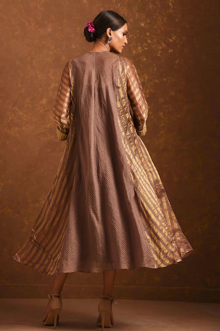 Shop Priti Prashant Brown Handwoven Tissue Stripes, Chanderi Round Dress at Aza Fashions Shop_Priti Prashant_Brown Handwoven Tissue Stripes, Chanderi Round Dress _at_Aza_Fashions