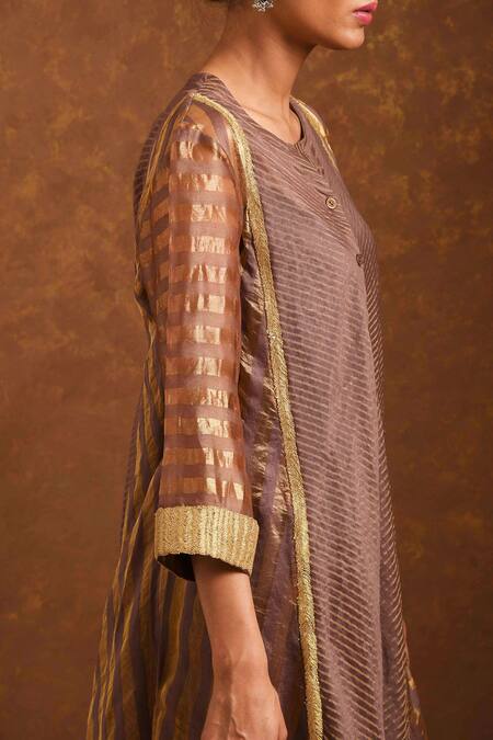 Buy Priti Prashant Brown Handwoven Tissue Stripes, Chanderi Round Dress Online at Aza Fashions Buy_Priti Prashant_Brown Handwoven Tissue Stripes, Chanderi Round Dress _Online_at_Aza_Fashions