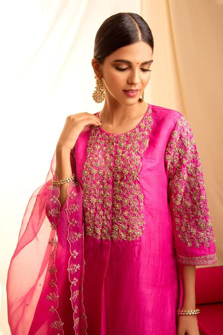 Priti Prashant_Pink Organza, Handwoven Silk Round Kurta Set_Online_at_Aza_Fashions