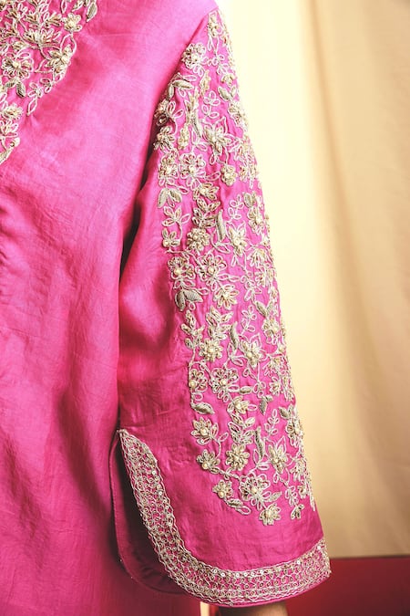 Buy_Priti Prashant_Pink Organza, Handwoven Silk Round Kurta Set_Online_at_Aza_Fashions
