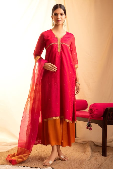 Priti Prashant Pink Organza, Handwoven Silk, Mashru V Neck Kurta Set